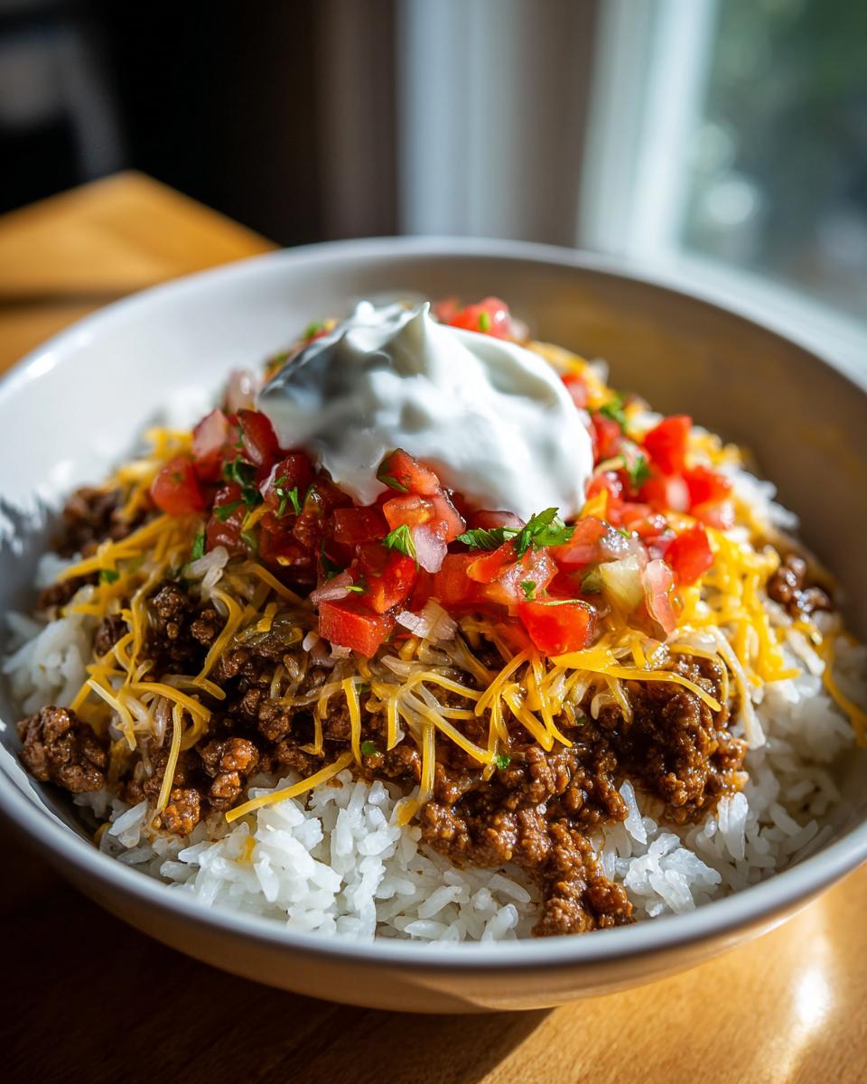A close-up shot of a delicious taco rice bowl featuring white rice, seasoned ground beef, shredded cheese, pico de gallo, and a dollop of sour cream.