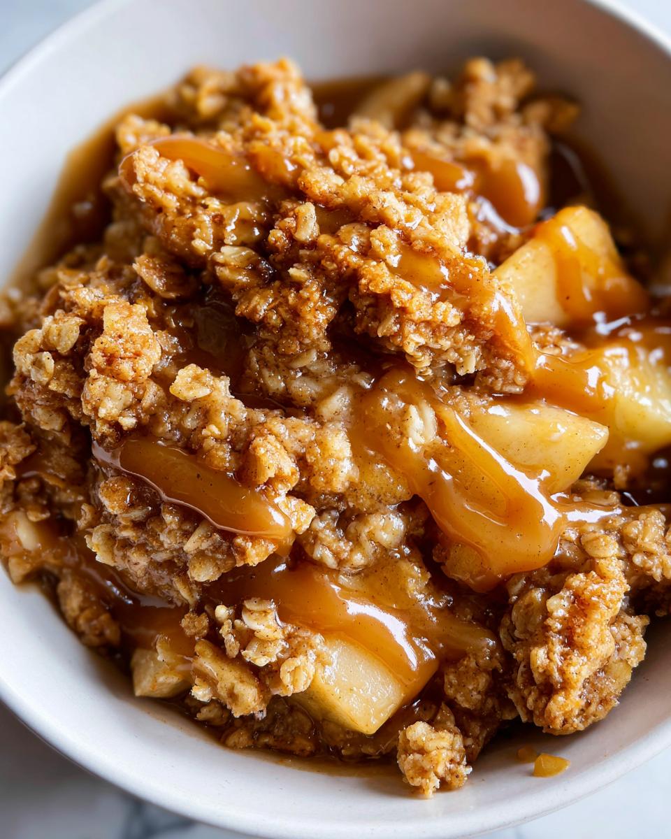 A close-up view of a serving of apple crisp with salted caramel drizzled over the oat topping and tender apple slices.