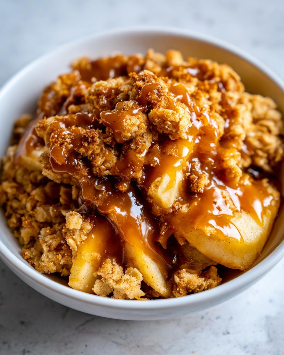 A close-up shot of a serving of apple crisp with salted caramel drizzled generously over the crunchy topping and baked apples.