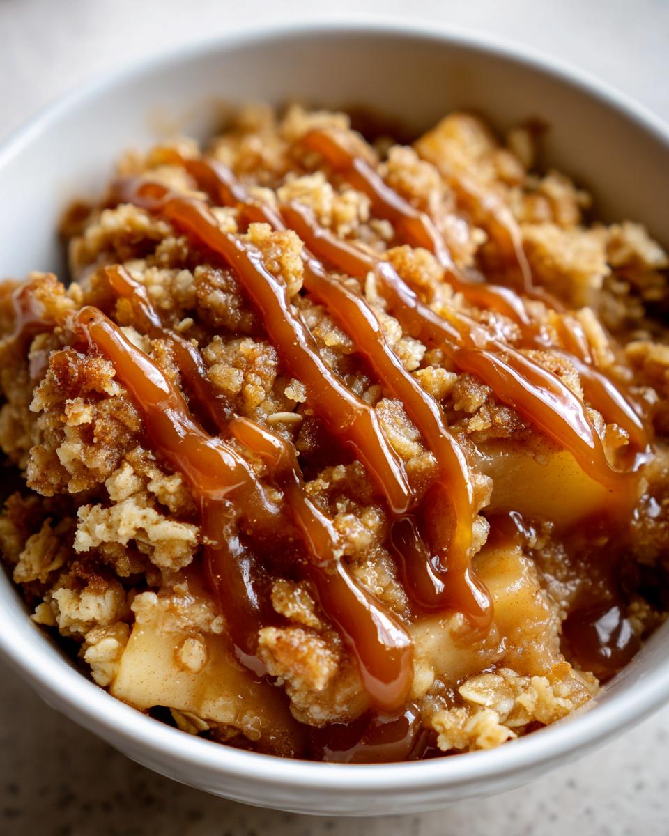 A close-up shot of a serving of apple crisp with salted caramel drizzled generously over the oat topping.