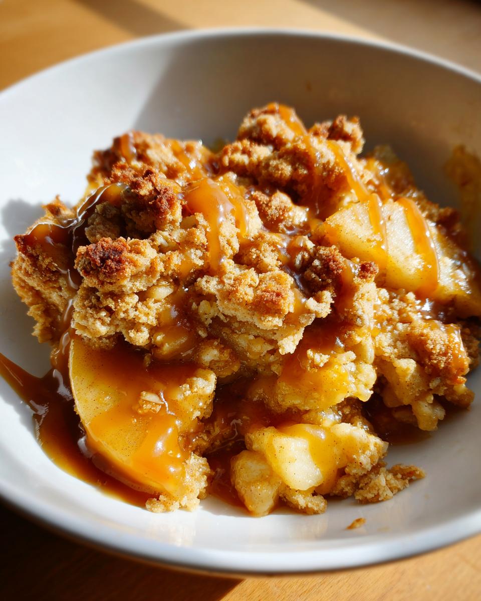 Close-up of a warm serving of apple crisp with salted caramel drizzled over the crunchy topping and soft apples.