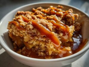 Close-up of a serving of apple crisp with salted caramel drizzled generously over the crunchy topping.