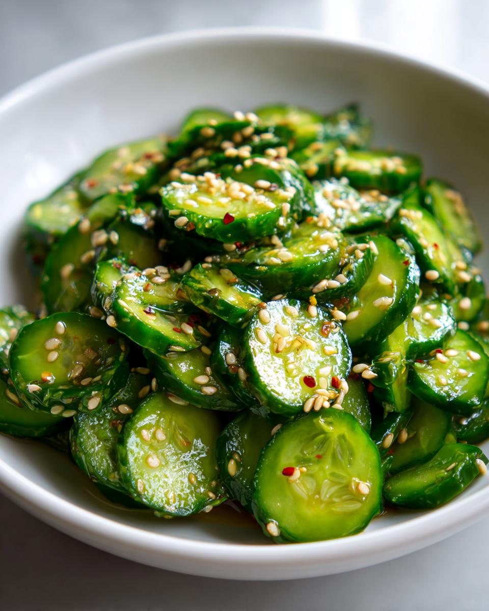 A close-up shot of vibrant green slices in an asian cucumber salad, topped generously with toasted sesame seeds and chili flakes.