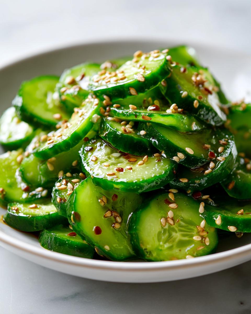 Close-up of vibrant green, thinly sliced Asian cucumber salad tossed in a glossy dressing and topped with toasted sesame seeds.
