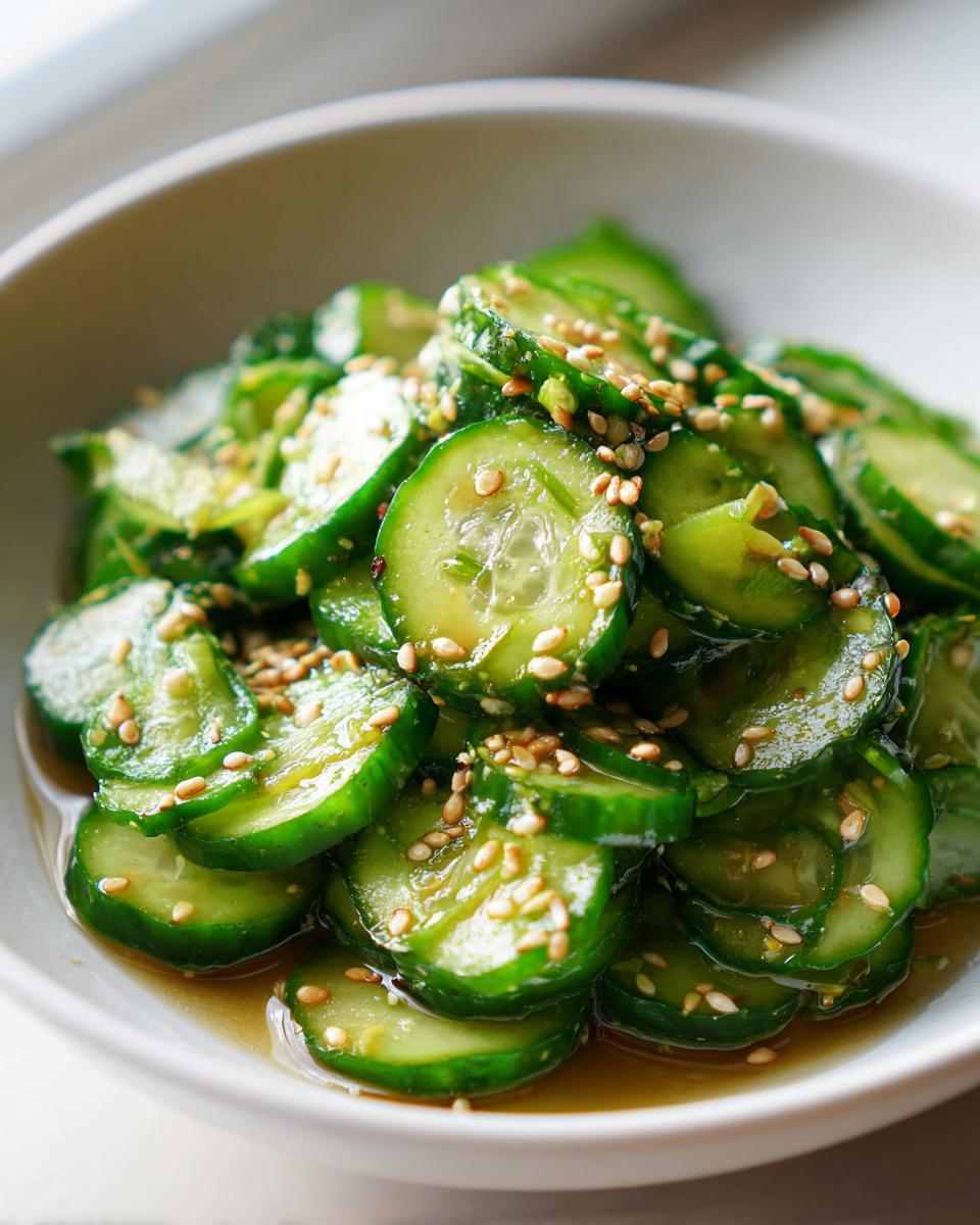 Close-up of bright green, thinly sliced Asian cucumber salad tossed in dressing and topped with toasted sesame seeds.
