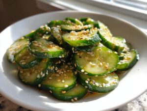Close-up of sliced cucumbers in a vibrant Asian cucumber salad, glistening with dressing and topped generously with toasted sesame seeds.
