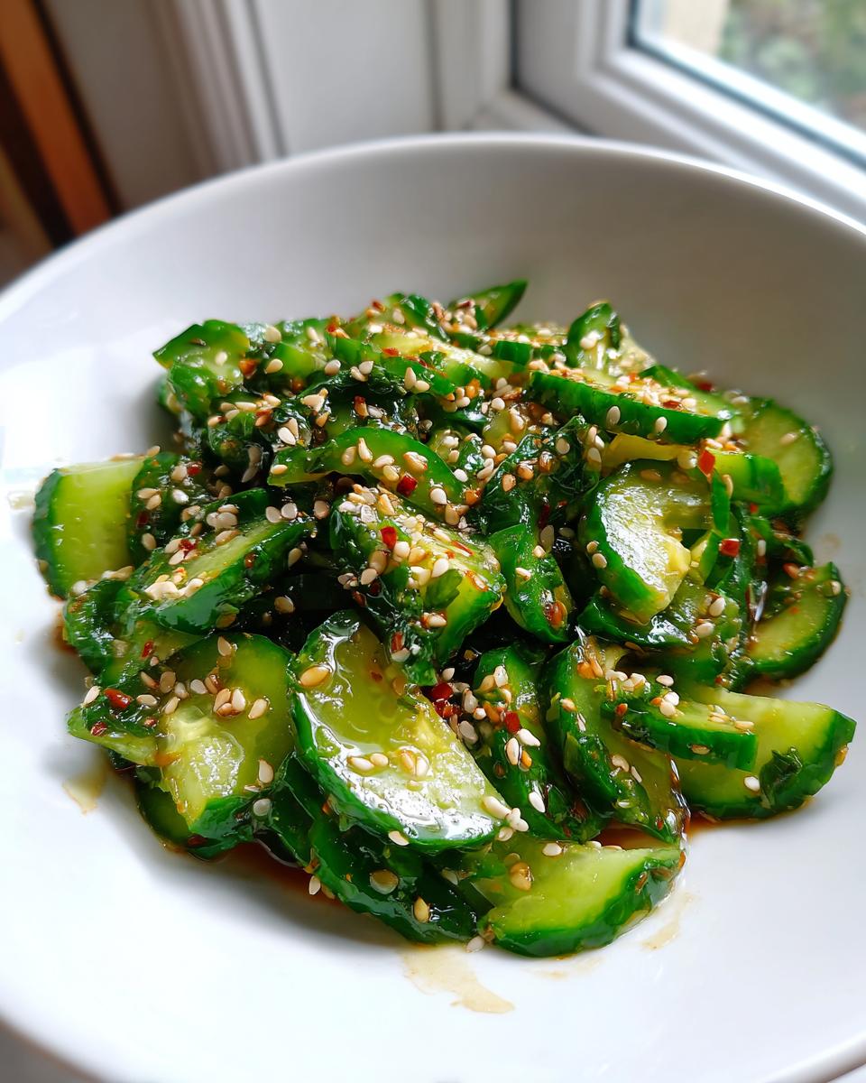 Close-up of sliced cucumbers tossed in a savory dressing and topped with toasted sesame seeds for an Asian cucumber salad.