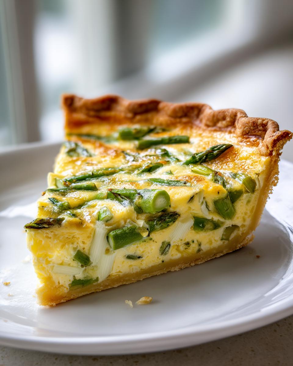 A close-up of a perfect slice of brilliant asparagus quiche showing the flaky crust and creamy egg filling studded with green asparagus pieces.