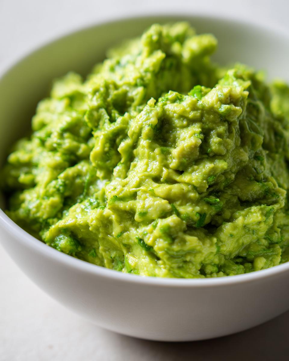 Close-up of chunky, vibrant green Authentic guacamole served in a clean white bowl.