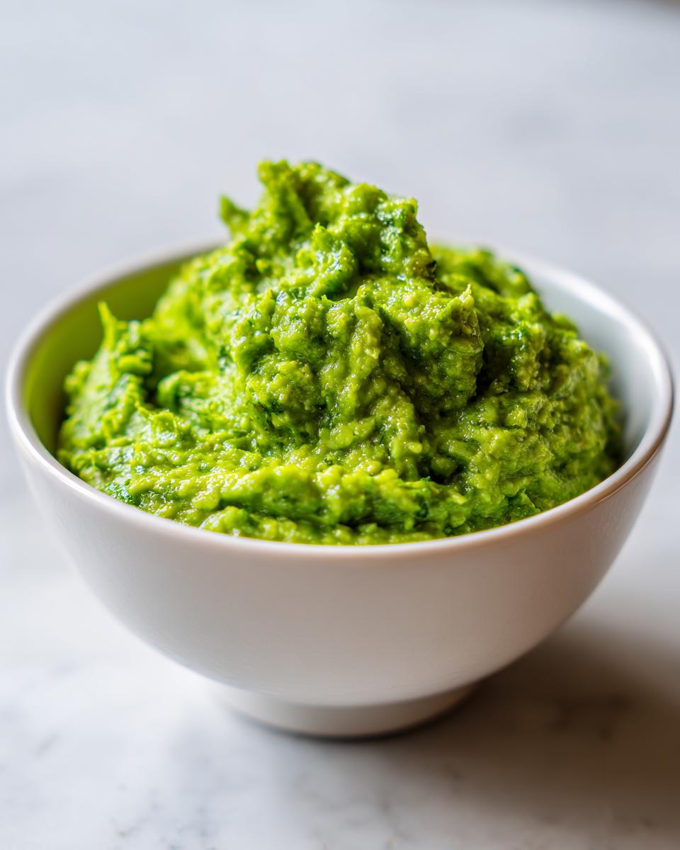 A close-up of a white bowl filled with chunky, bright green Authentic Guacamole.