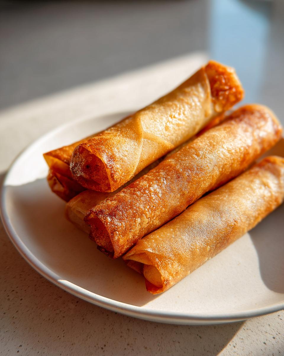 Close-up of four golden brown, crispy baked apple pie rice paper rolls stacked on a light-colored plate.