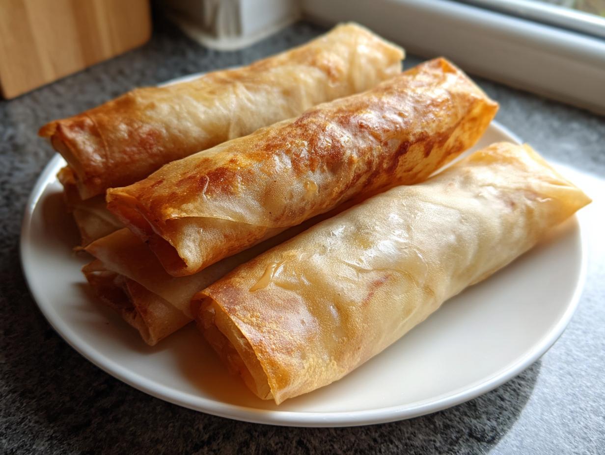 Close-up of several golden brown baked apple pie rice paper rolls stacked on a white plate.