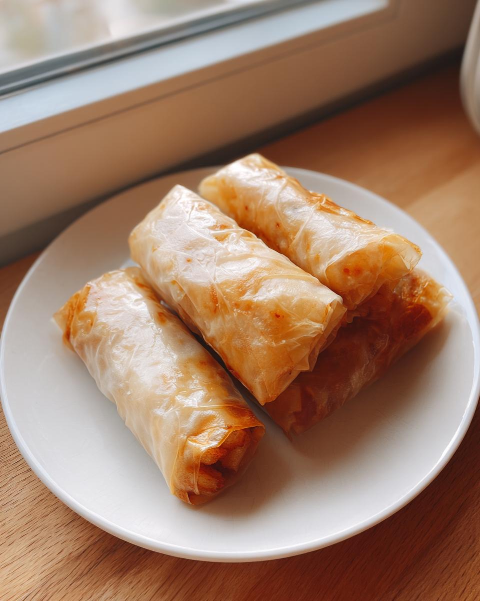 Four golden brown baked apple pie rice paper rolls stacked slightly on a white plate near a window.