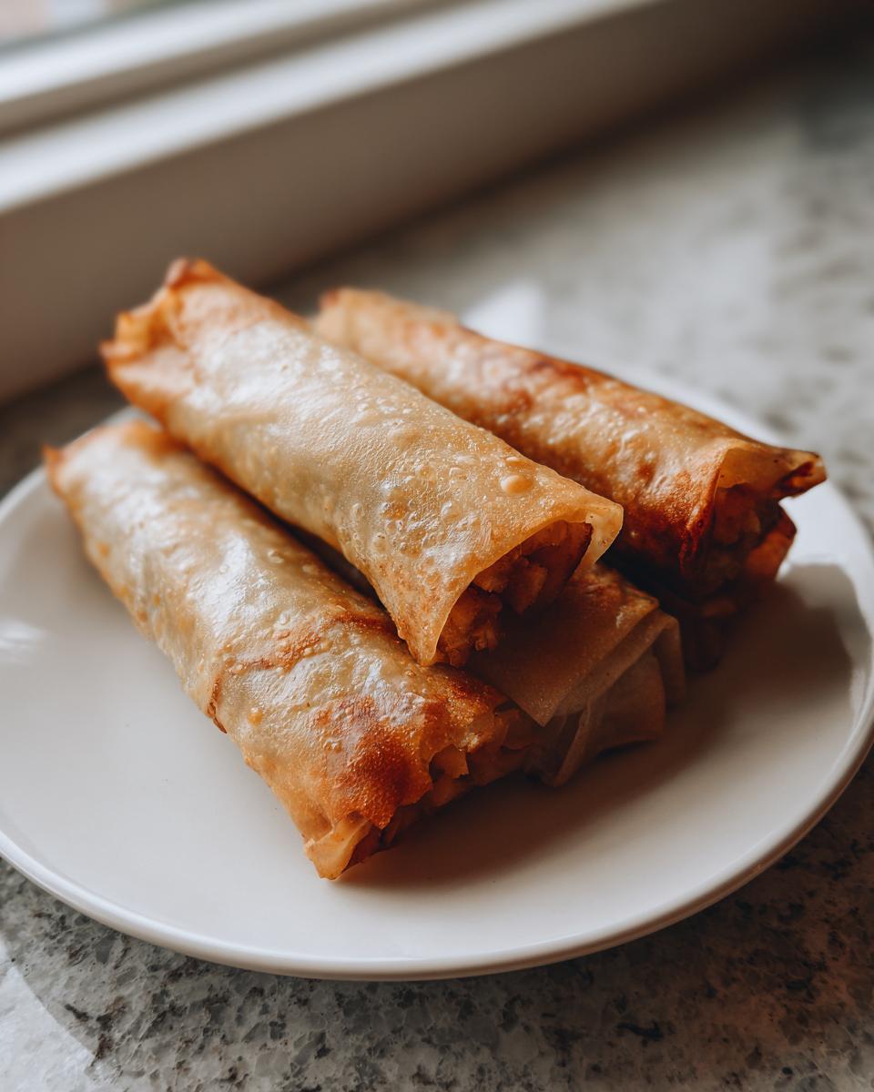 Close-up of four golden brown baked apple pie rice paper rolls stacked on a white plate.
