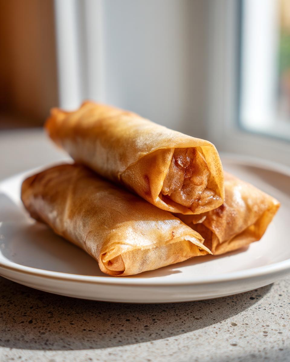 Close-up of three golden brown baked apple pie rice paper rolls stacked on a white plate.