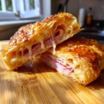 Close-up of baked ham and cheese croissants cut in half, showing melted cheese stretching between the layers.