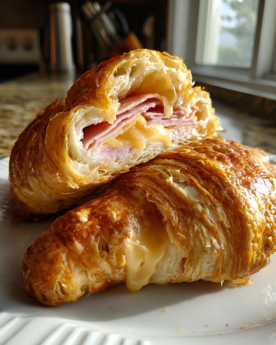 A golden brown baked ham and cheese croissant cut in half, showing melted cheese and layers of ham inside.