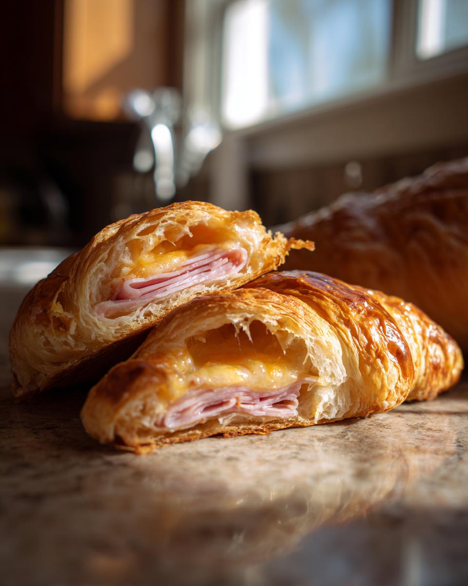 Close-up of a baked ham and cheese croissant cut in half, showing melted cheese and ham layers.