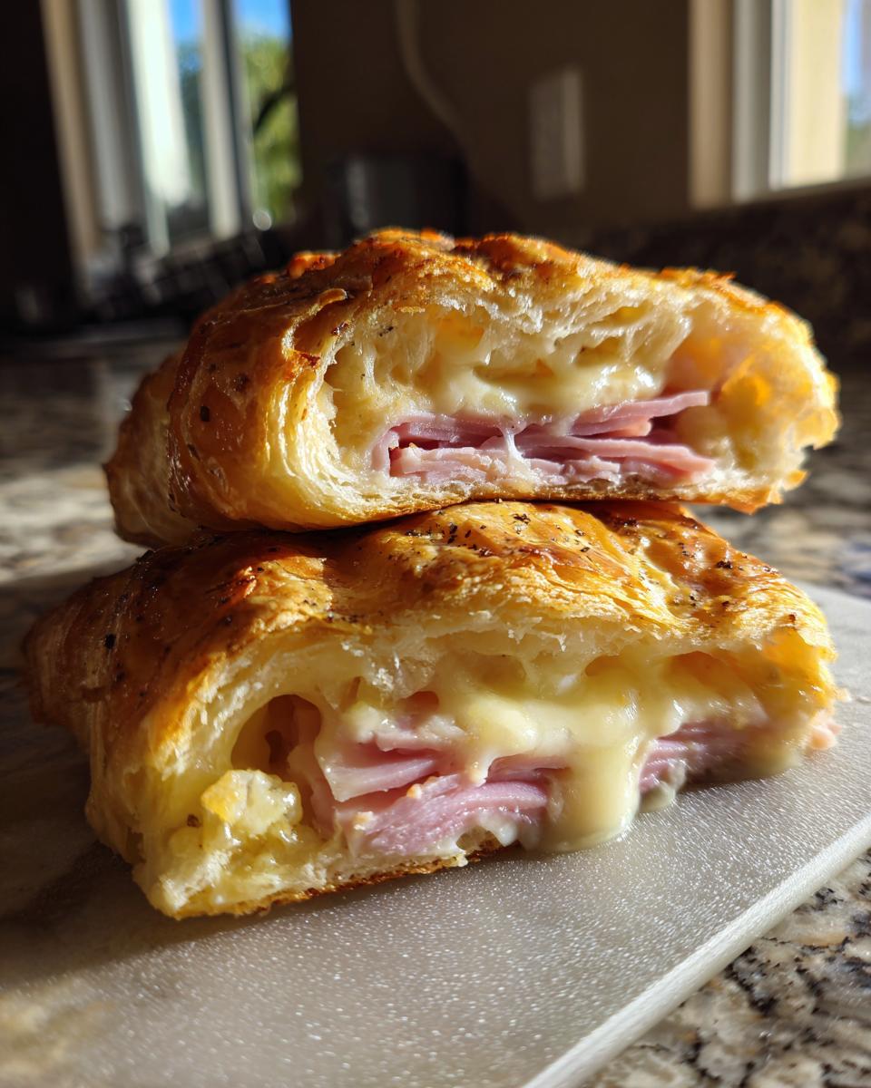 Cross-section view of baked ham and cheese croissants showing melted cheese oozing out with layers of ham.