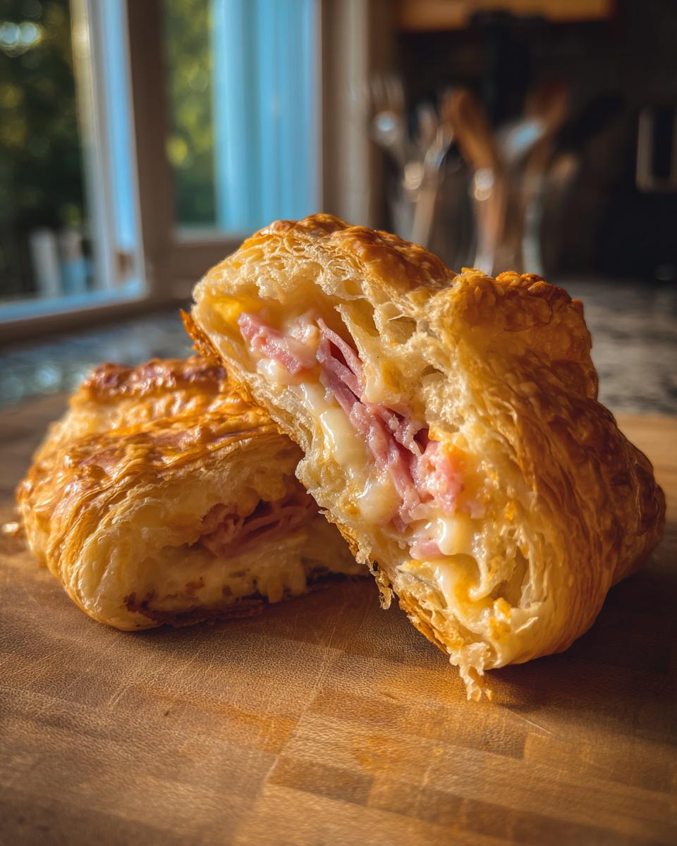 Close-up of baked ham and cheese croissants cut in half, showing melted cheese and ham filling.