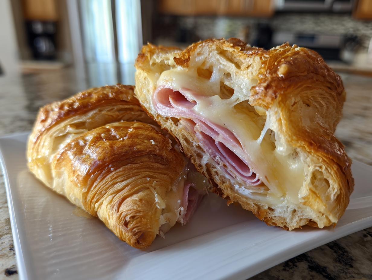 Two halves of a golden brown baked ham and cheese croissant showing melted cheese and layers of ham inside.