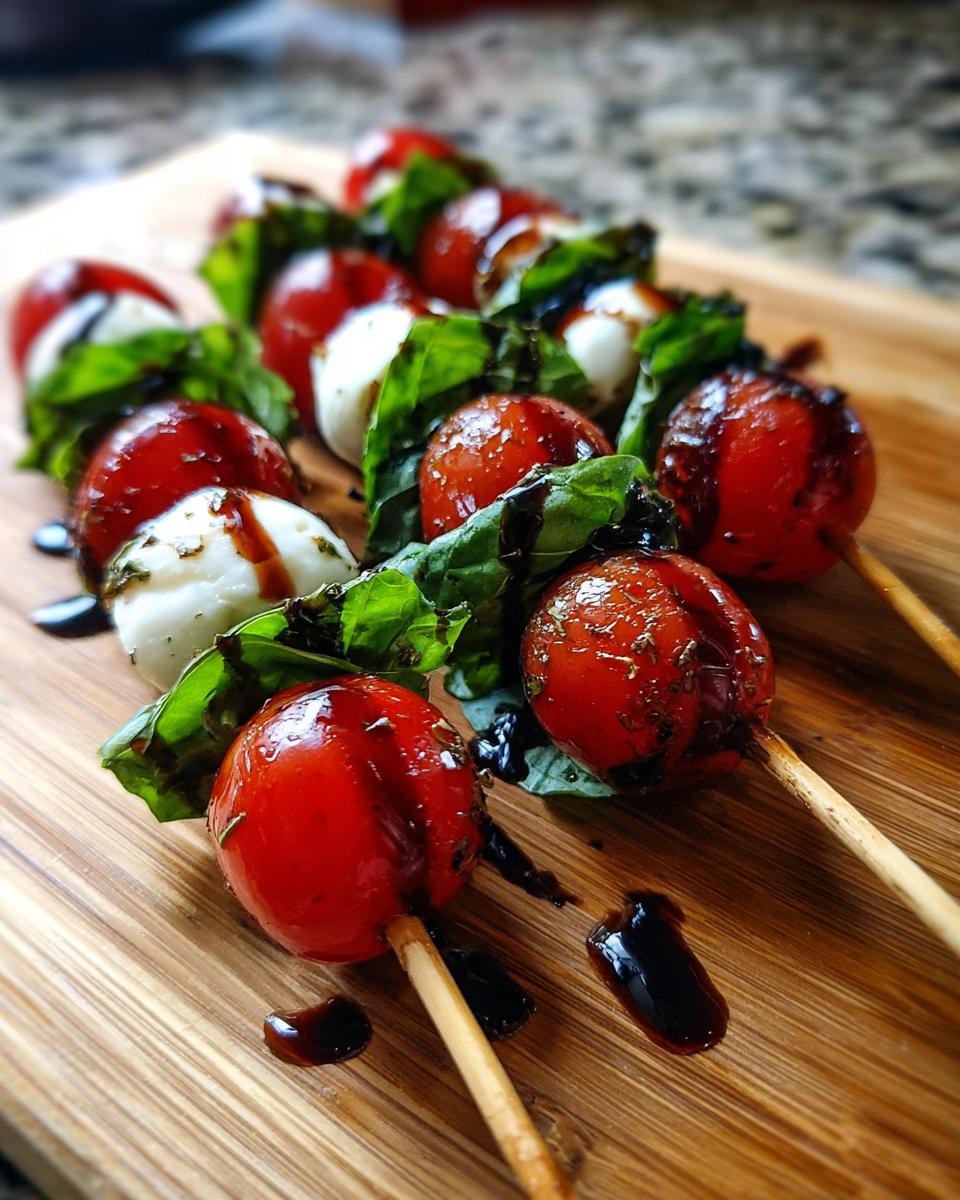 Close-up of several caprese skewers featuring cherry tomatoes, mozzarella balls, and basil, drizzled with balsamic glaze.