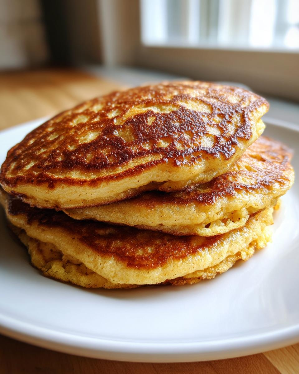 A close-up stack of three golden-brown banana cottage cheese pancakes on a white plate.