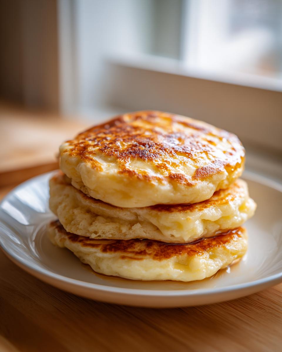 A stack of three golden-brown banana cottage cheese pancakes drizzled with syrup on a white plate.