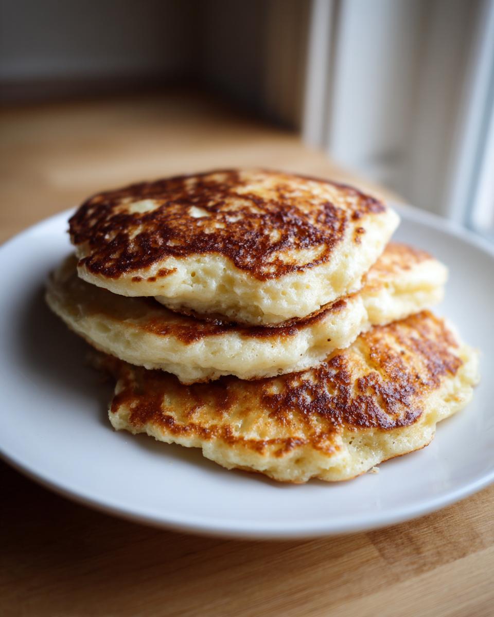 A stack of three golden-brown banana cottage cheese pancakes served on a white plate.