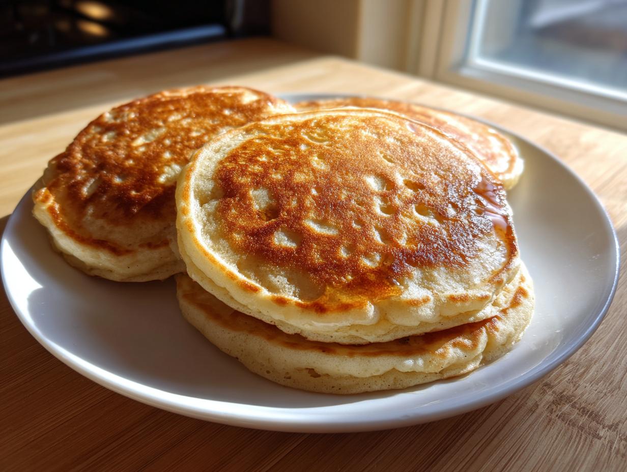 A stack of fluffy banana cottage cheese pancakes with golden brown tops, drizzled with syrup, sitting on a white plate.