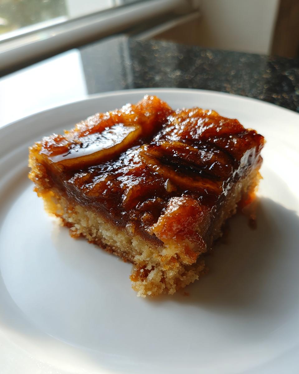 A square slice of rich, caramelized banana foster upside down cake resting on a white plate.