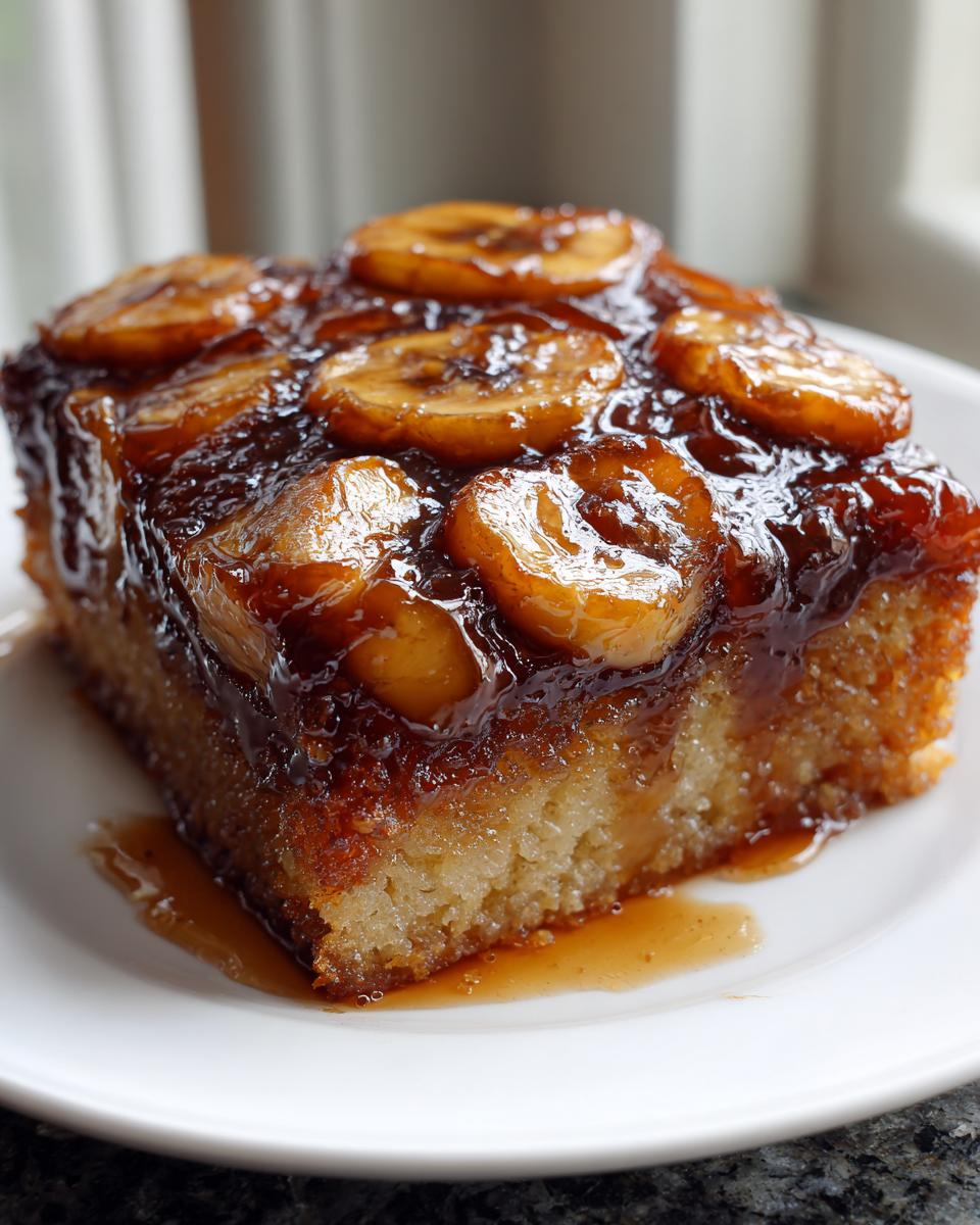 A square slice of moist banana foster upside down cake topped with caramelized banana slices and rich sauce.
