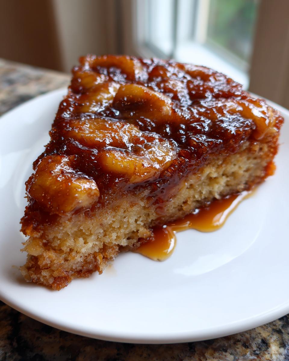 A close-up slice of moist banana foster upside down cake topped with caramelized bananas and dripping with sauce.