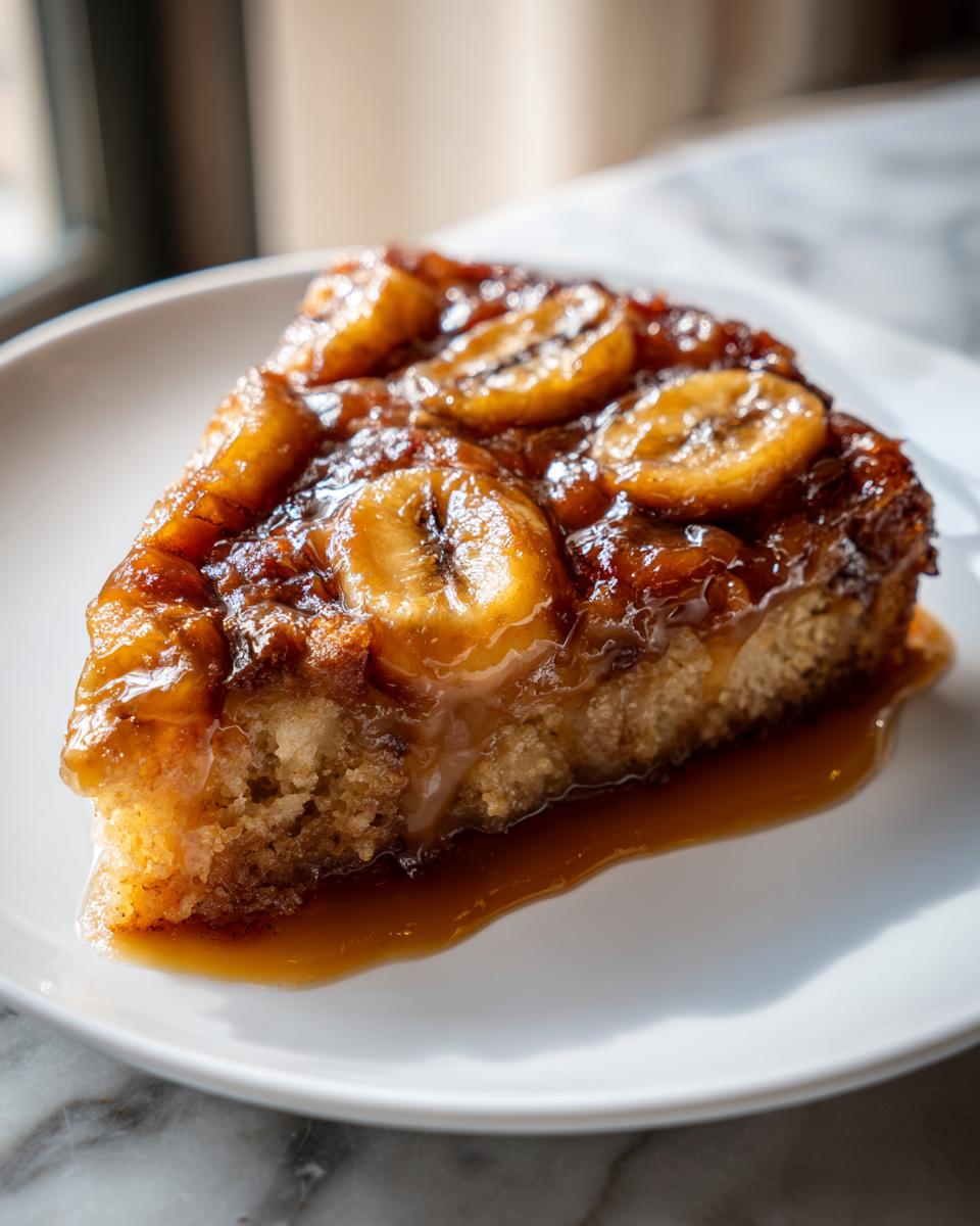 A close-up of a moist slice of banana foster upside down cake topped with caramelized bananas and rich sauce.
