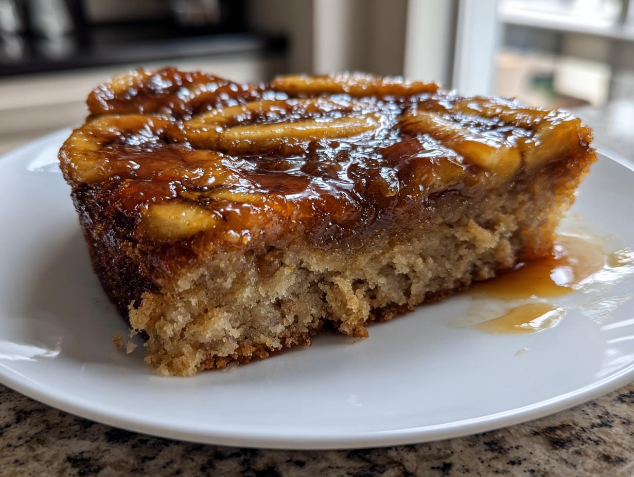 Close-up of a moist slice of banana foster upside down cake with caramelized bananas on top, served on a white plate.