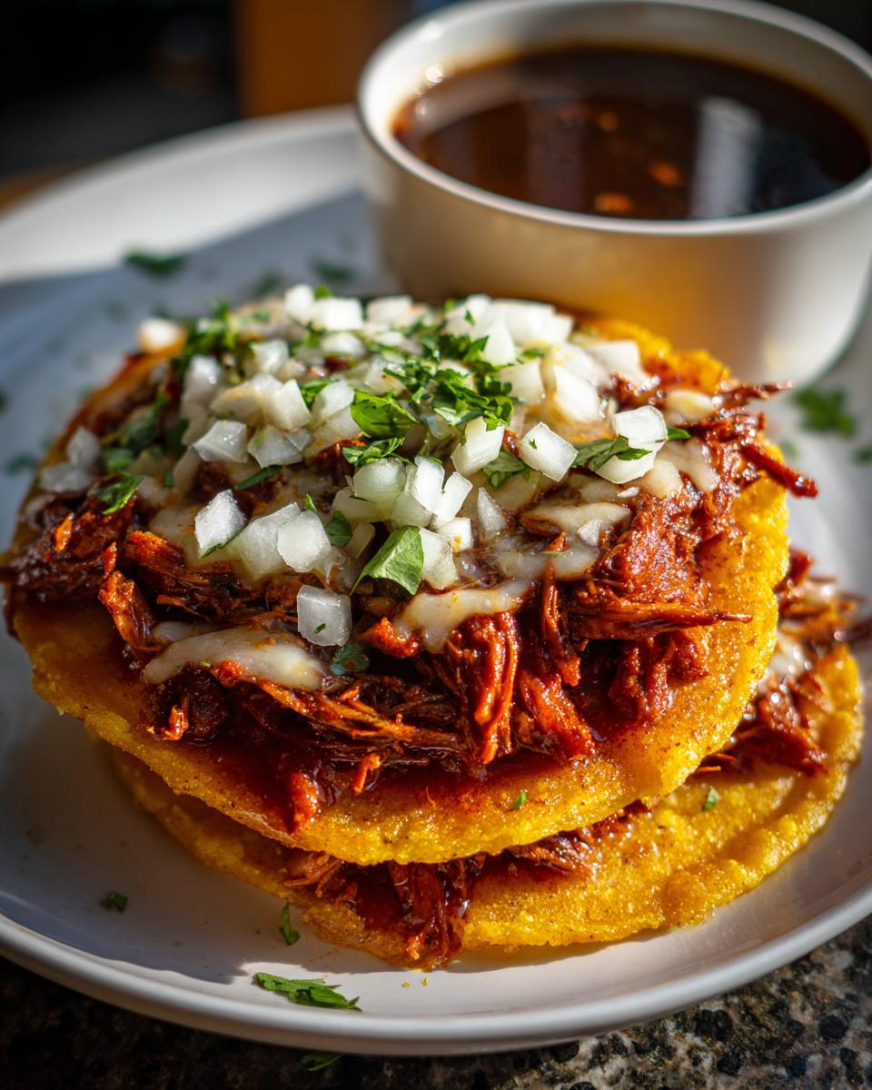 Two stacked, cheesy Beef Birria tacos topped with diced white onions and cilantro, served with a side of dark consommé.