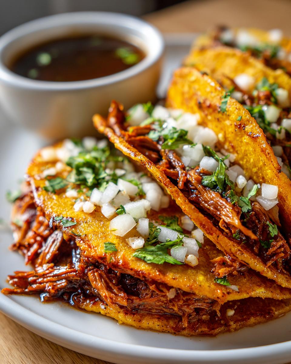 Close-up of crispy, dipped Beef Birria Tacos topped with diced white onion and cilantro, served with a side of consommé.