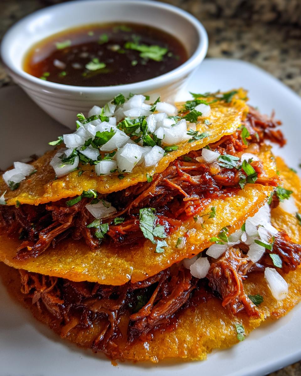 Close-up of stacked Beef Birria Tacos topped with diced onion and cilantro, served with a side of consommé.