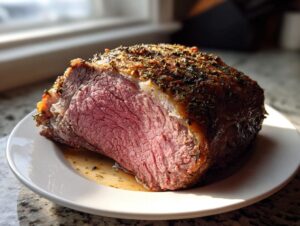 A juicy, medium-rare beef standing rib roast with a dark herb crust resting on a white plate with pan juices.