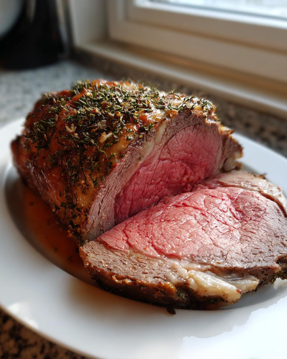 Close-up of a perfectly cooked beef standing rib roast, sliced to show the medium-rare pink center and herb crust.