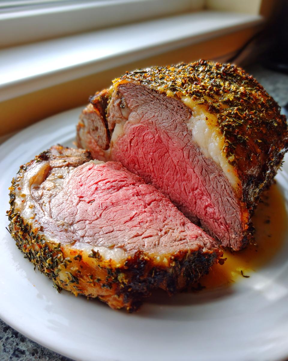 A thick slice of perfectly cooked beef standing rib roast showing a medium-rare pink center and herb crust.