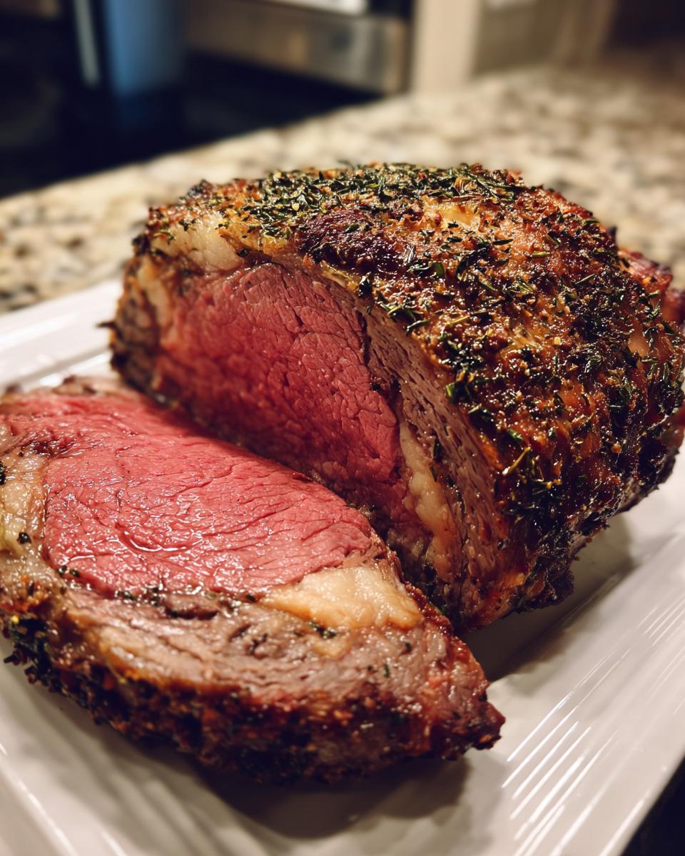 Close-up of a perfectly cooked beef standing rib roast, showing a medium-rare pink center and herb crust.