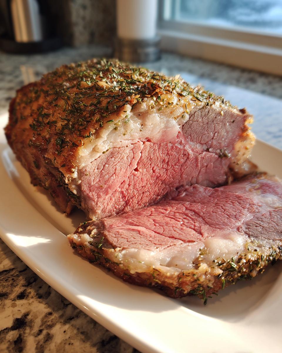 Close-up of a perfectly cooked beef standing rib roast, sliced to show medium-rare pink center and herb crust.