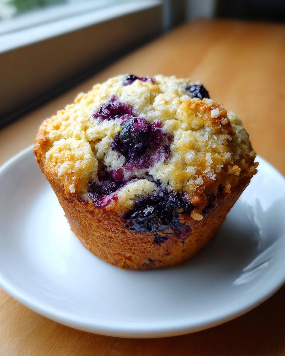 A single, golden-brown blueberry cottage cheese muffin topped with streusel and bursting blueberries, resting on a white saucer.