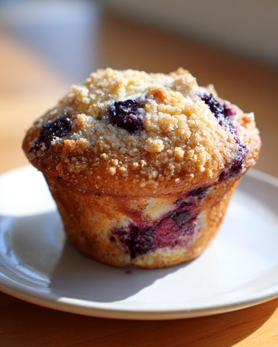 A close-up of a golden brown blueberry cottage cheese muffin topped with streusel, sitting on a white plate.