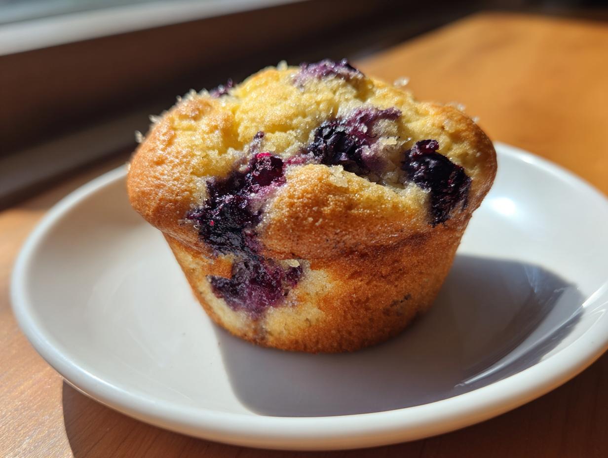 A single, golden-brown blueberry cottage cheese muffin sitting on a small white plate in bright sunlight.