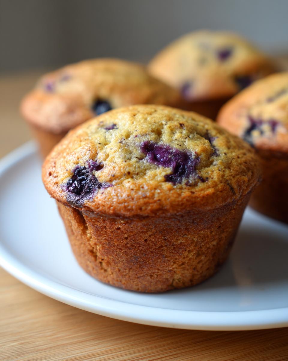 Close-up of a perfectly baked blueberry cottage cheese muffin with a golden-brown top and visible blueberries.