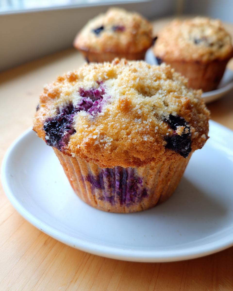 A close-up of a freshly baked blueberry cottage cheese muffin topped with a sugary crumble, sitting on a white plate.