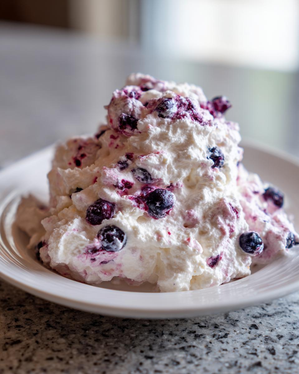A generous scoop of creamy white blueberry fluff salad mixed with whole blueberries and purple streaks, served on a white plate.