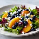 Close-up of a fresh blueberry peach feta salad featuring bright orange peach slices, dark blueberries, and crumbled white feta on mixed greens.
